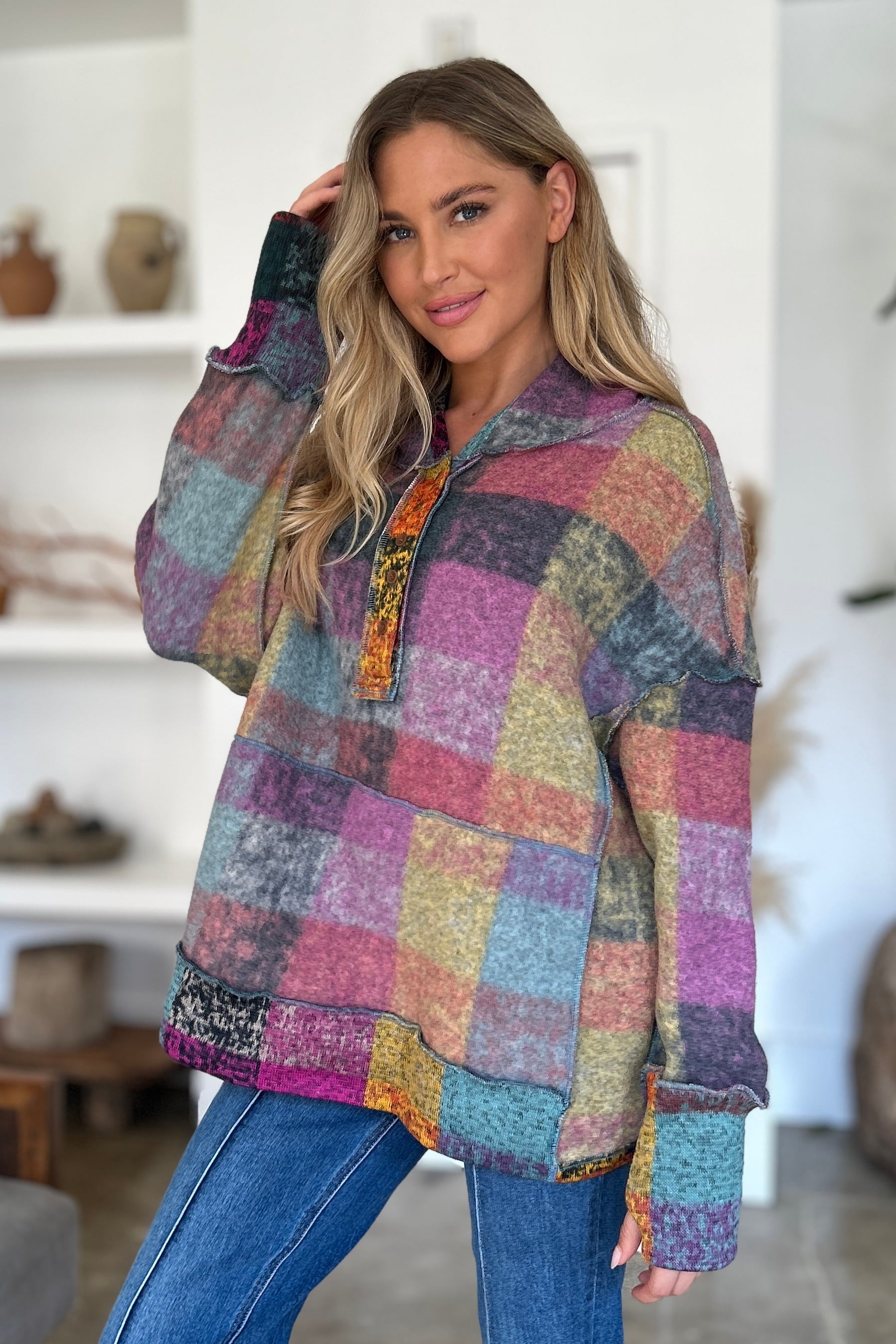 Double Take Full Size Plaid Dropped Shoulder Fleece Hoodie - Charming Charlie