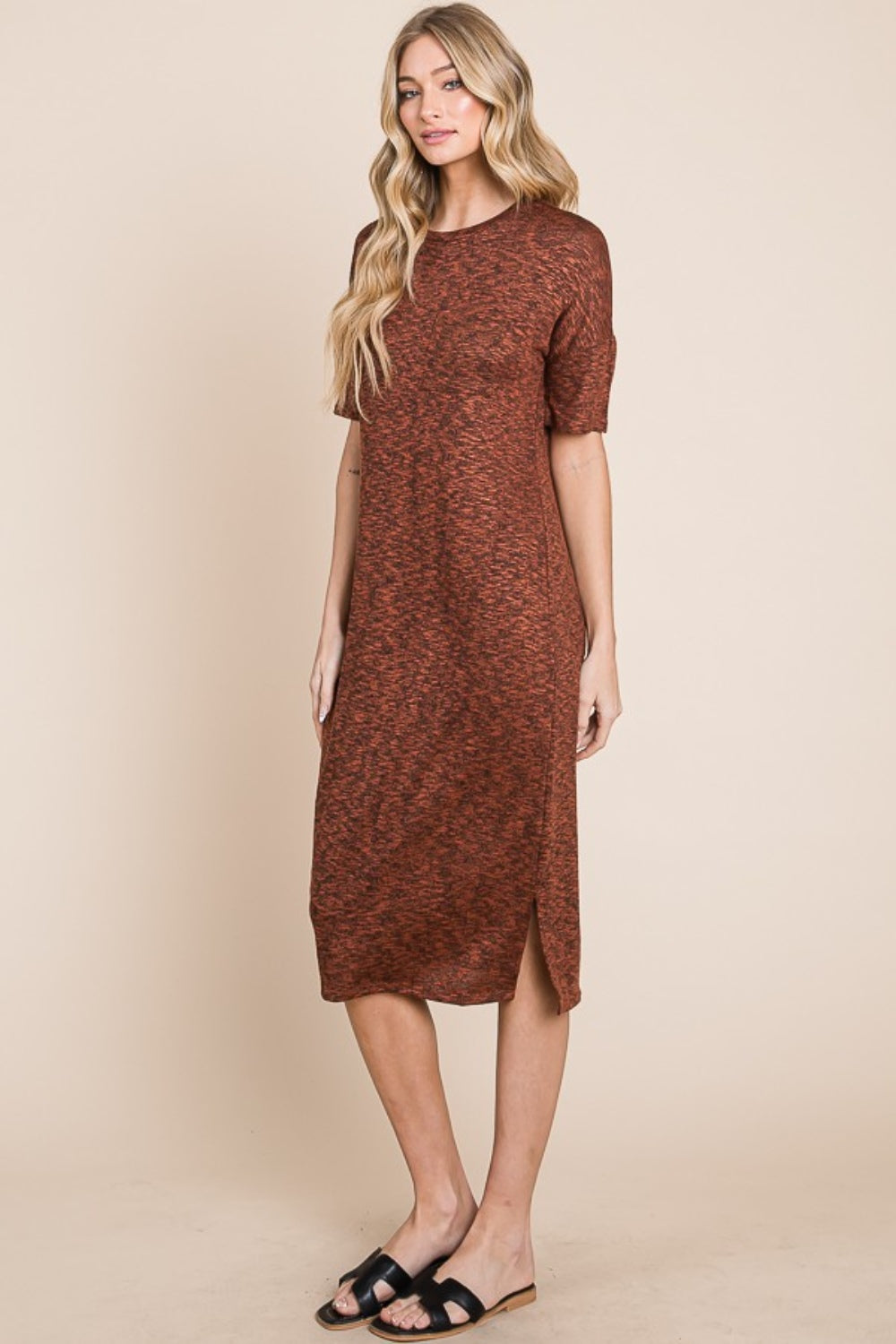 BOMBOM Round Neck Side Slit Midi Dress - Charming Charlie