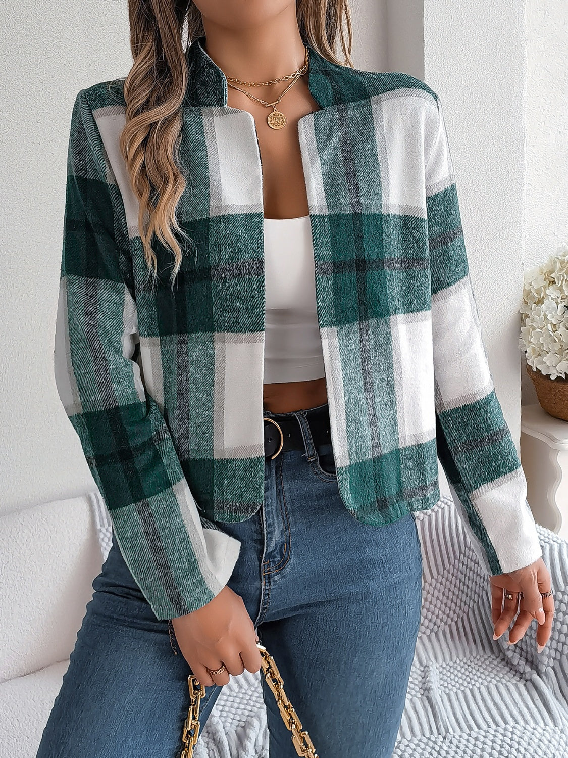 Plaid Open Front Long Sleeve Jacket - Charming Charlie