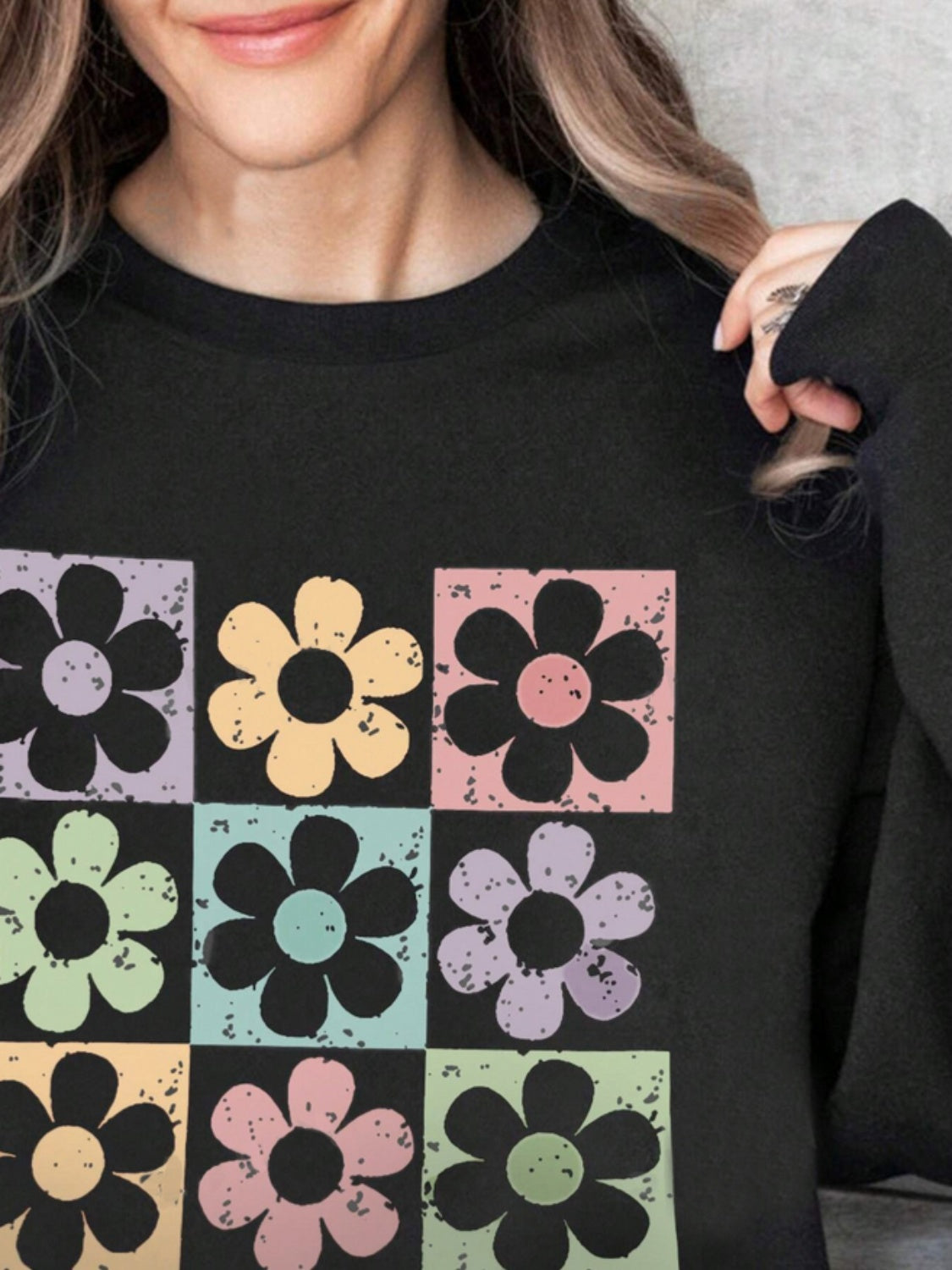 Flower Round Neck Long Sleeve Sweatshirt - Charming Charlie