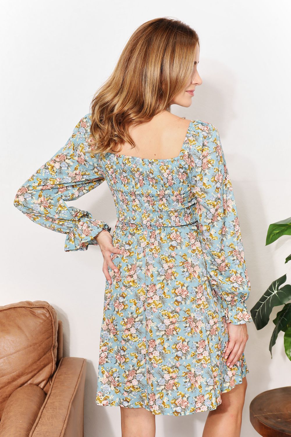 Honey Floral Smocked Flounce Sleeve Square Neck Dress - Charming Charlie