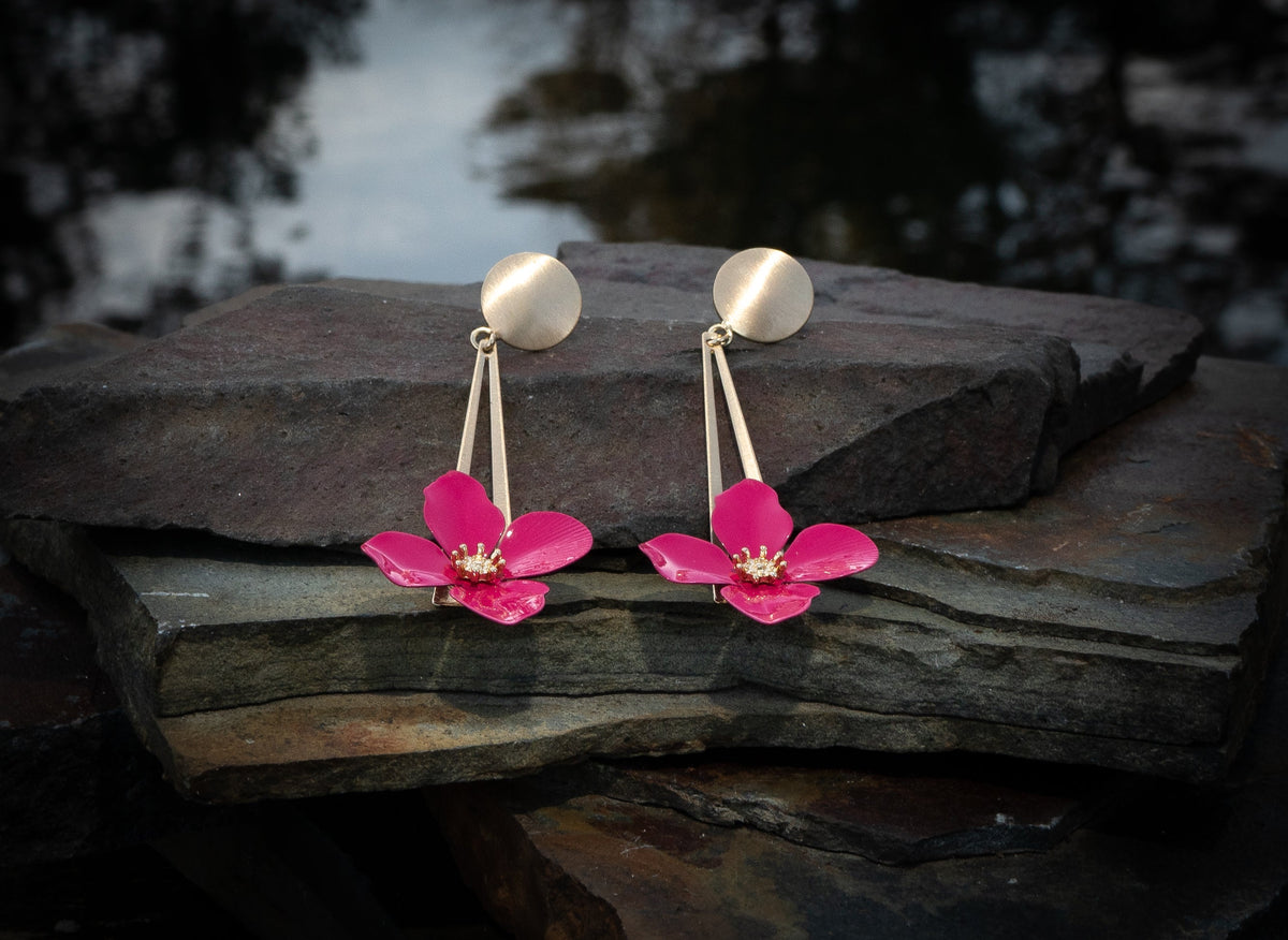Gold Bar Drop Earring With Fuchsia Flower - Charming Charlie