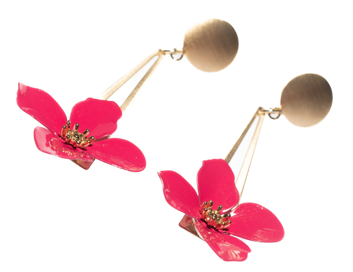 Gold Bar Drop Earring With Fuchsia Flower - Charming Charlie