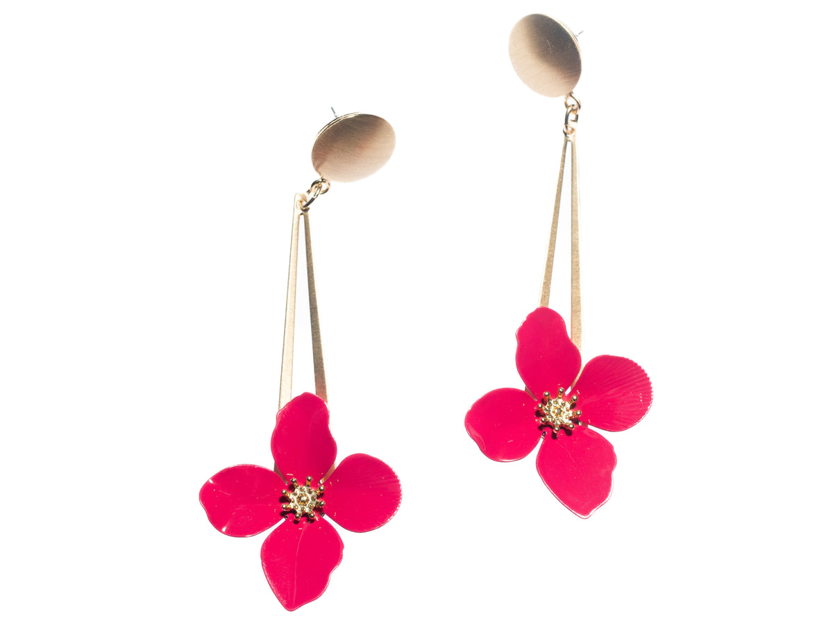 Gold Bar Drop Earring With Fuchsia Flower - Charming Charlie