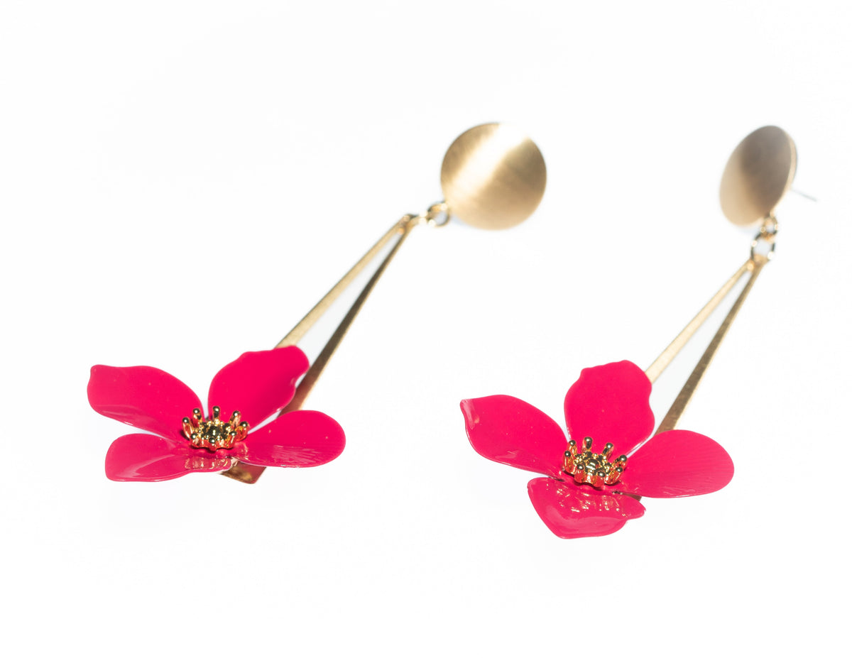 Gold Bar Drop Earring With Fuchsia Flower - Charming Charlie