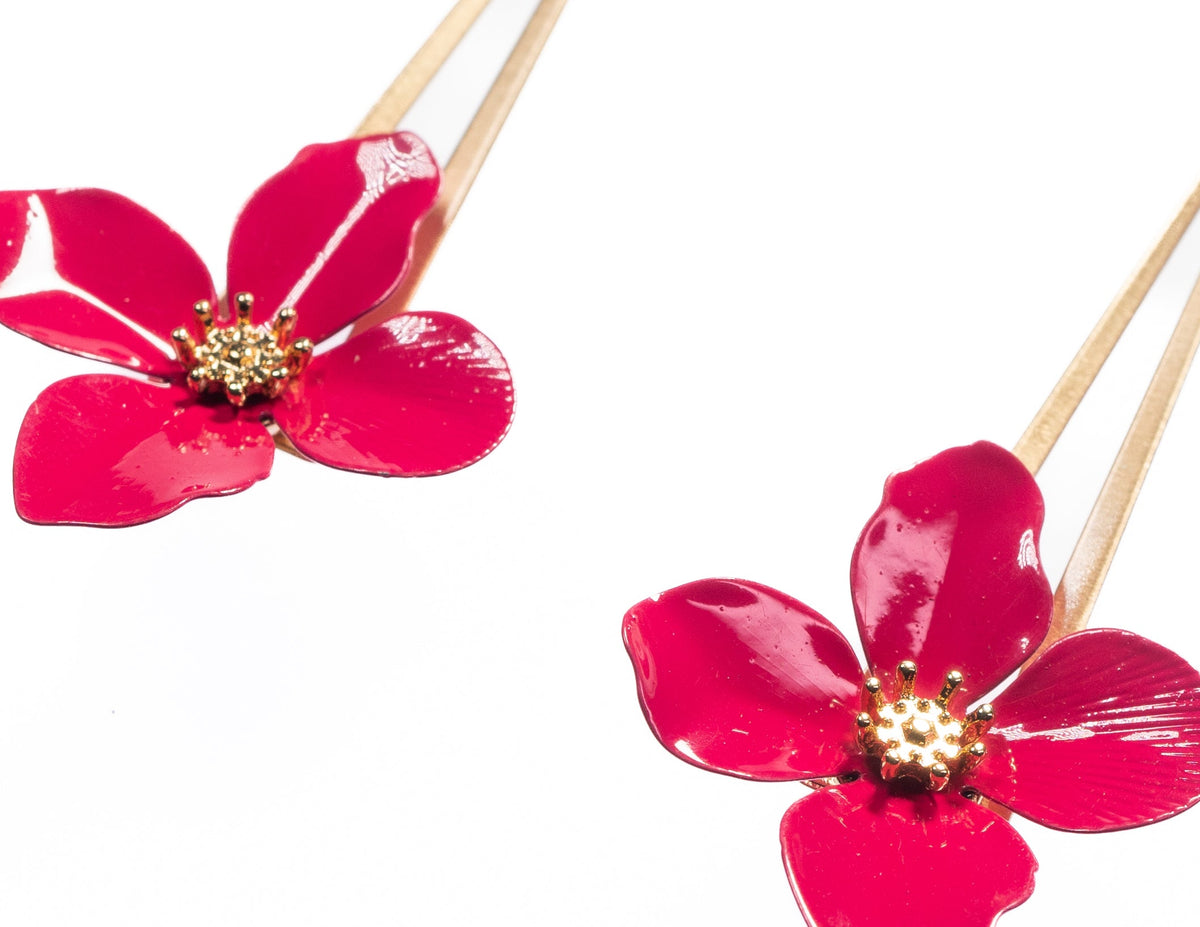 Gold Bar Drop Earring With Fuchsia Flower - Charming Charlie