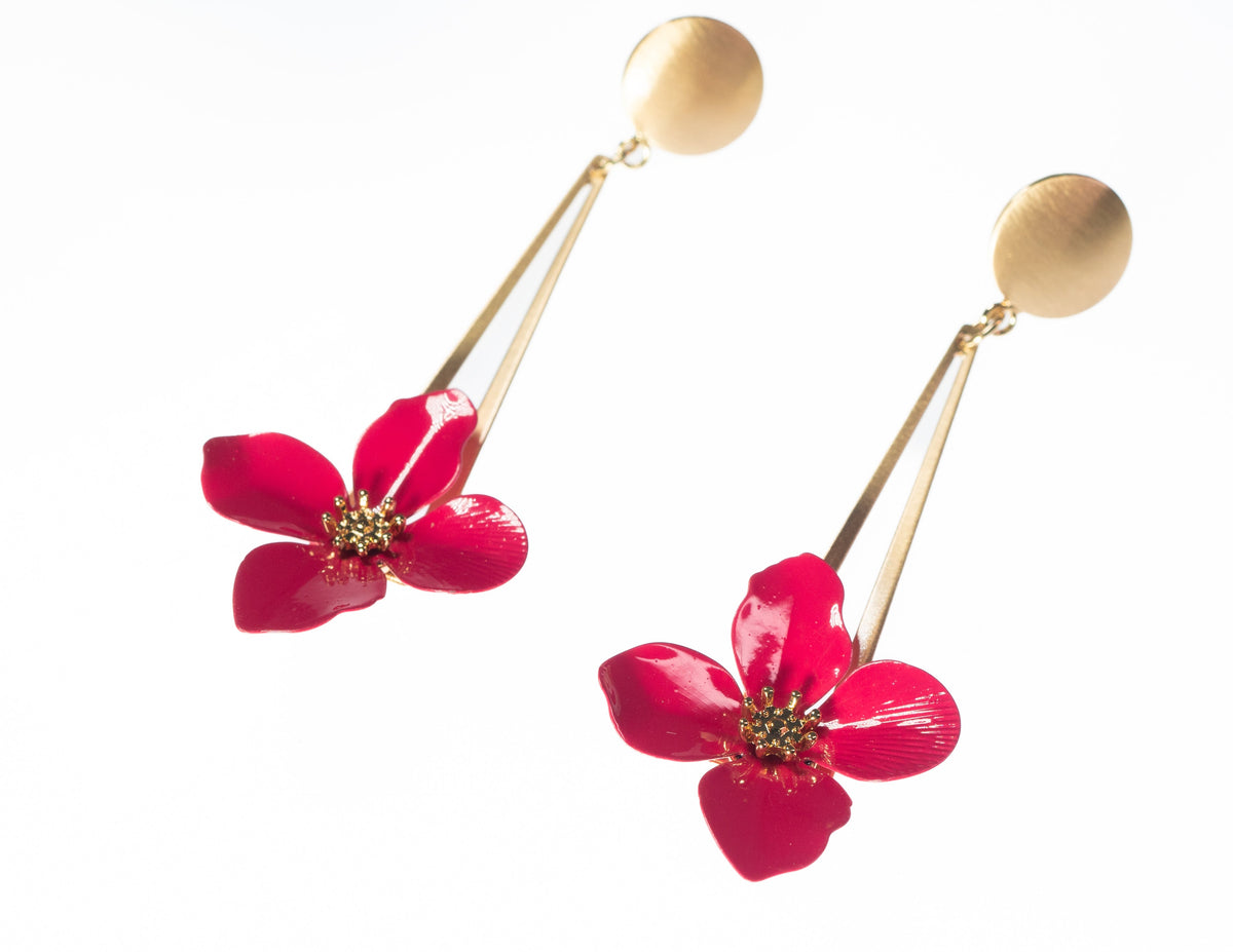Gold Bar Drop Earring With Fuchsia Flower - Charming Charlie