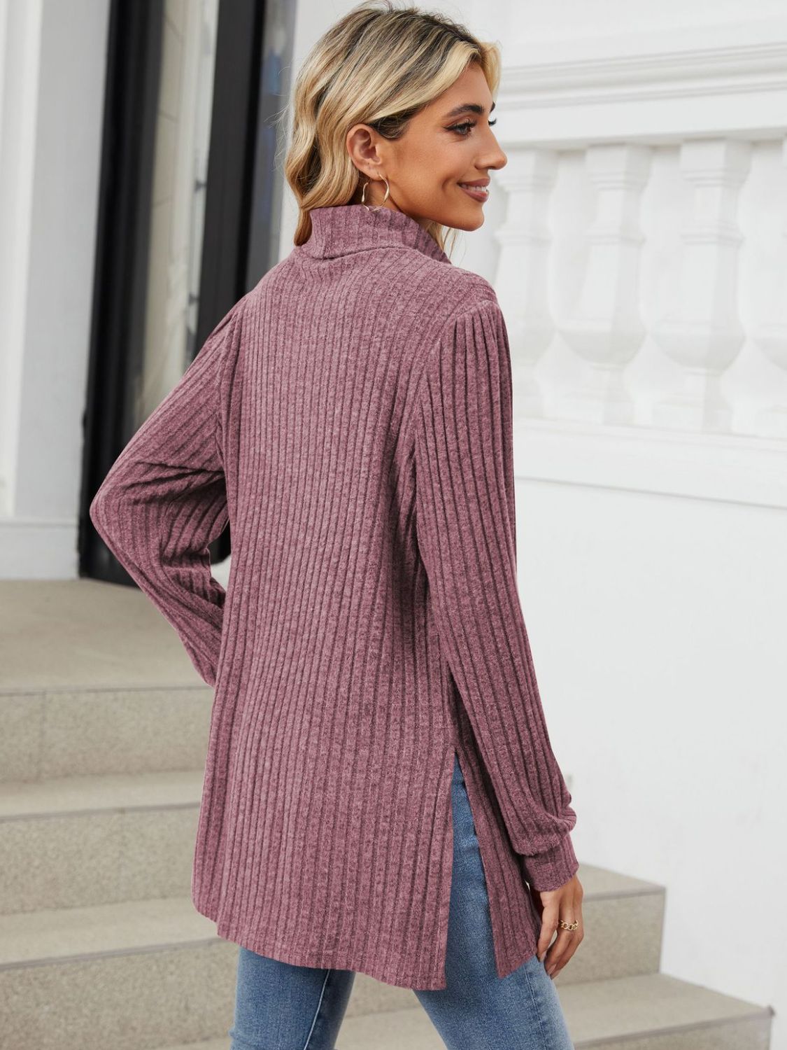 Slit Mock Neck Long Sleeve T-Shirt - Charming Charlie