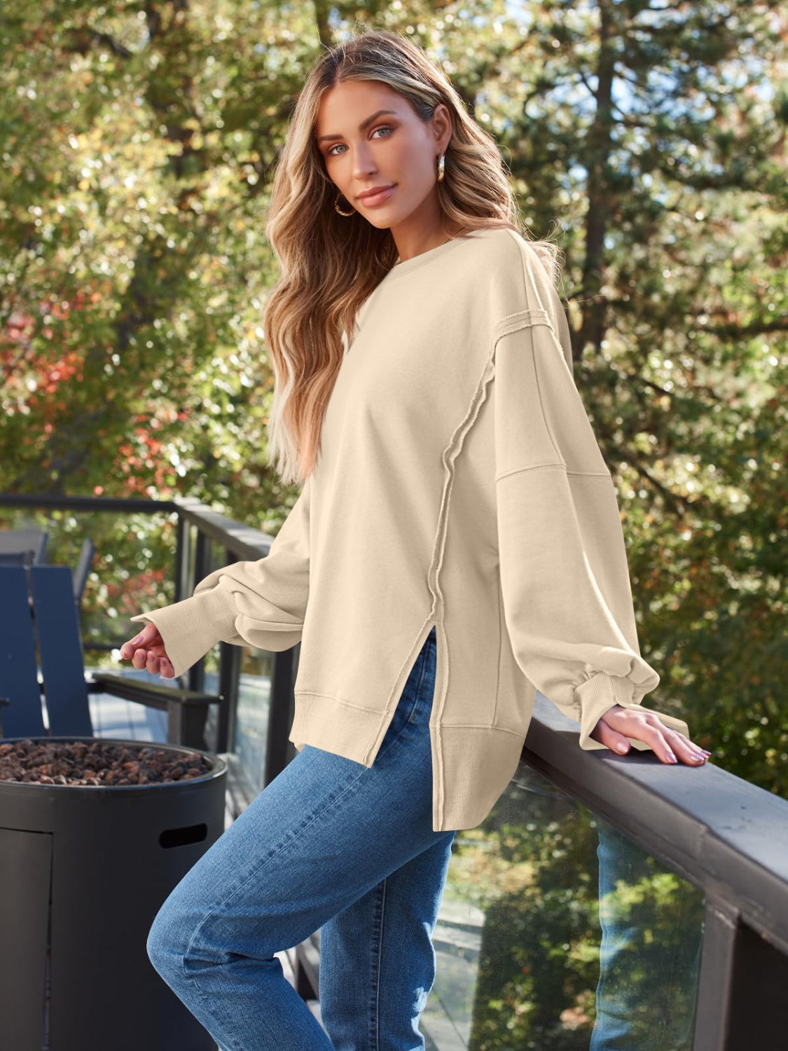 Slit Round Neck Long Sleeve Sweatshirt - Charming Charlie