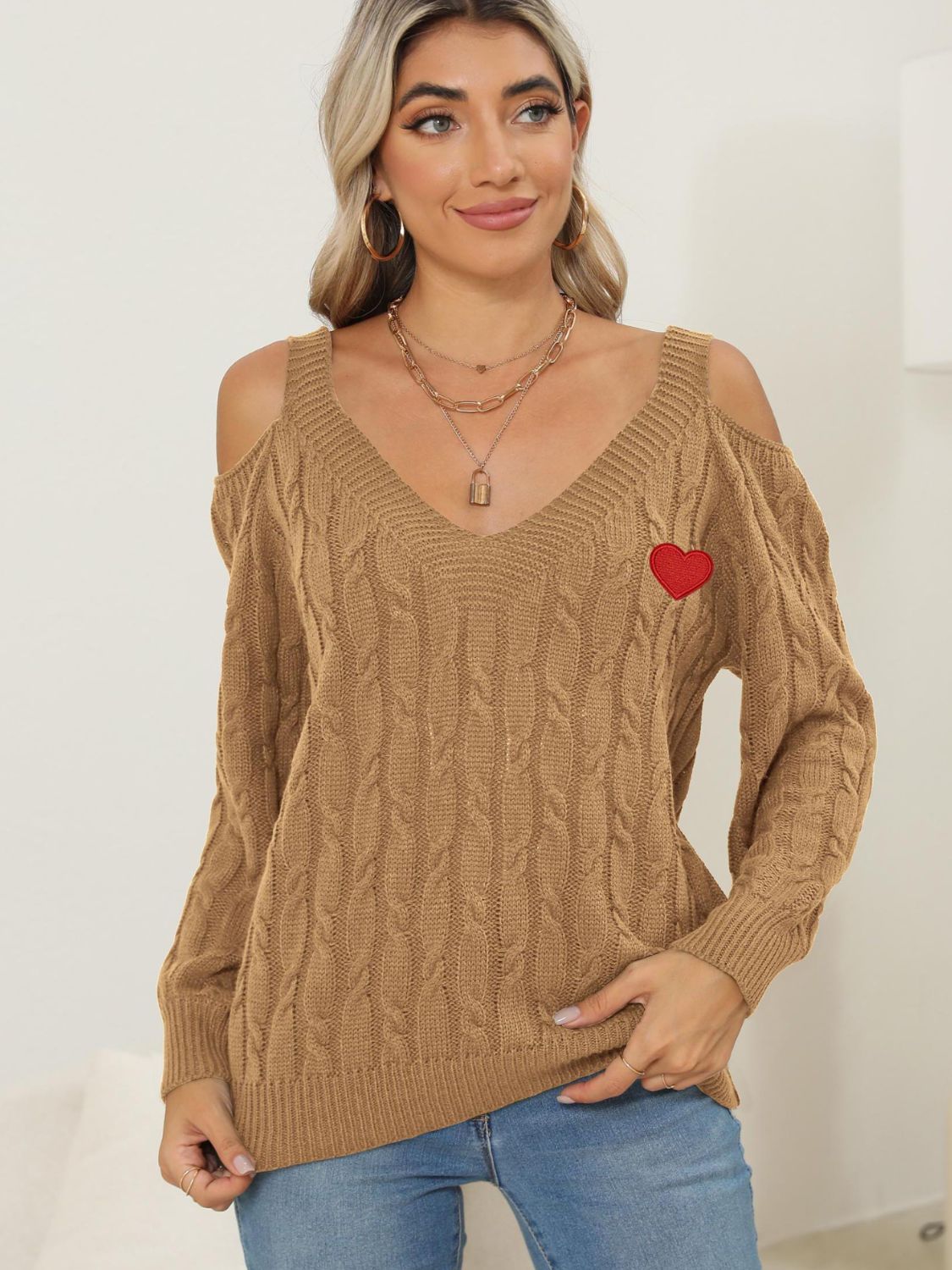 Cable-Knit Heart V-Neck Sweater - Charming Charlie
