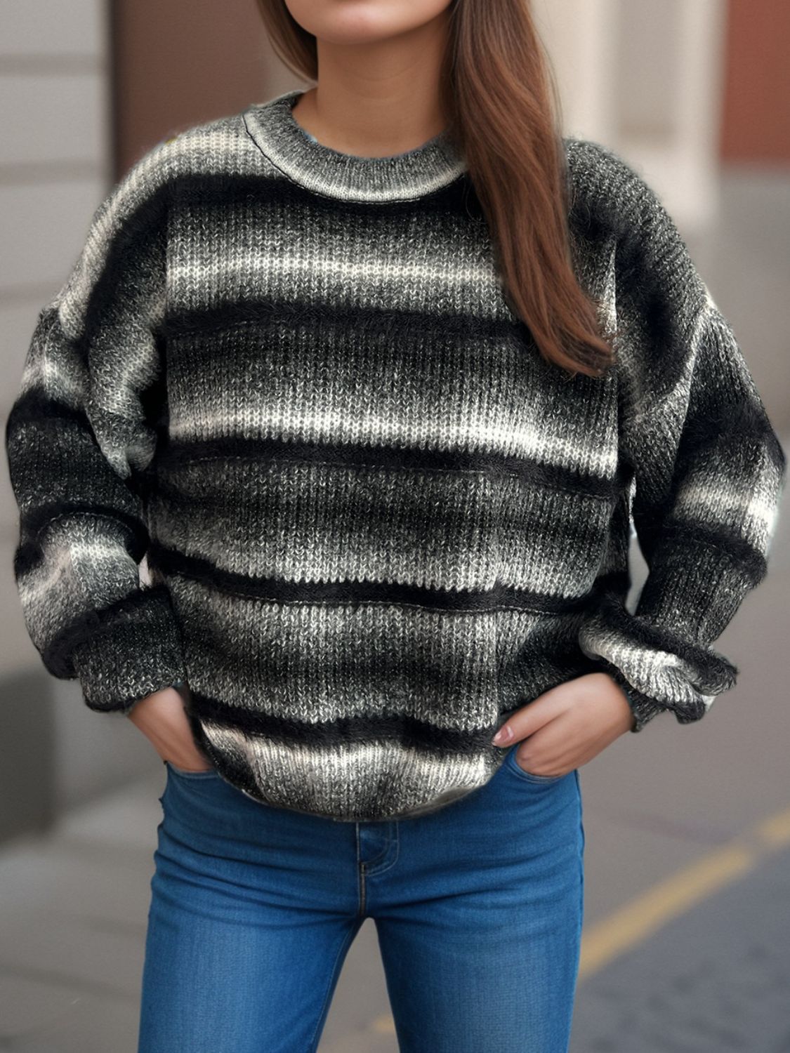 Gradient Round Neck Dropped Shoulder Sweater - Charming Charlie