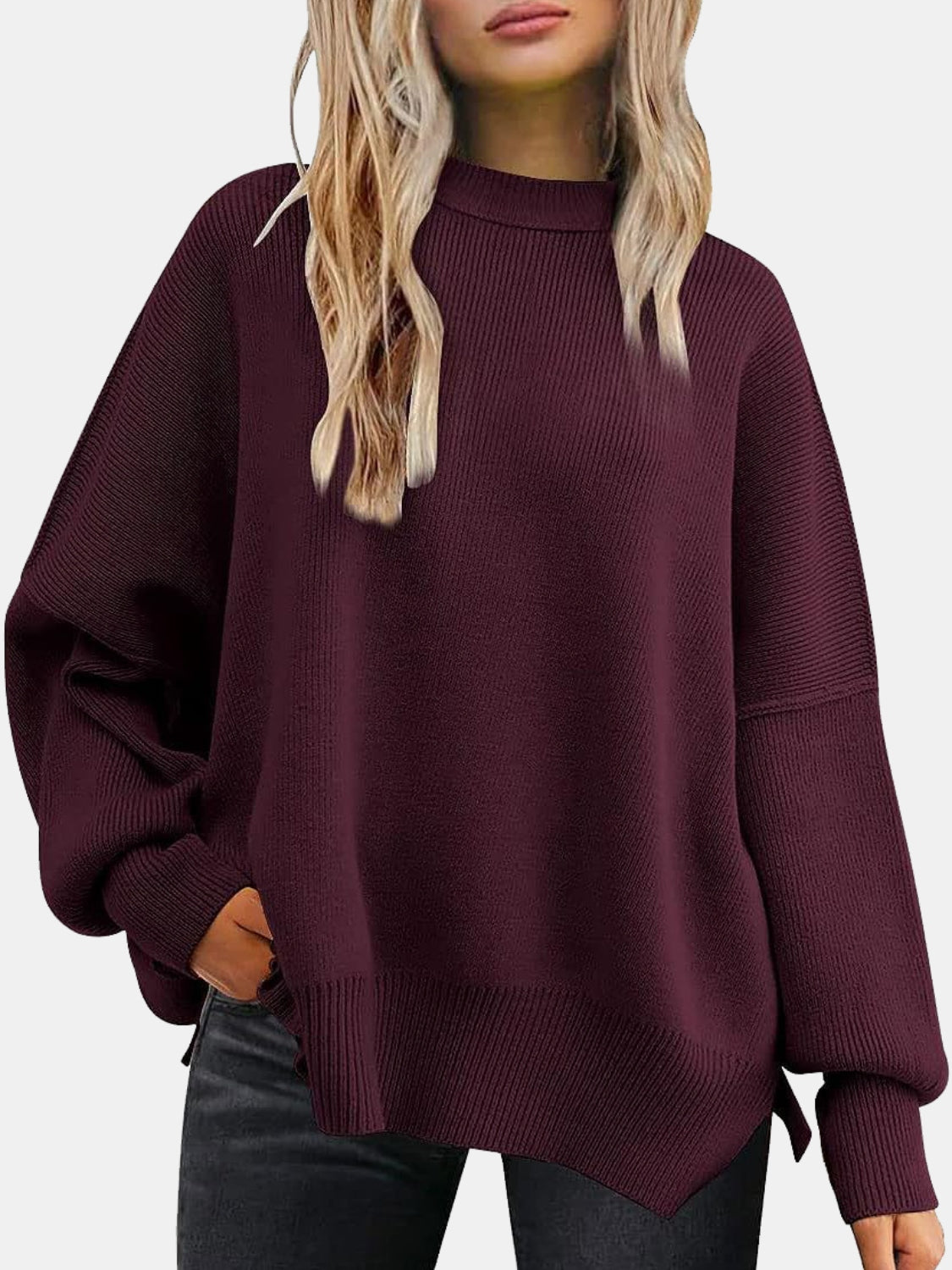 Round Neck Drop Shoulder Slit Sweater - Charming Charlie
