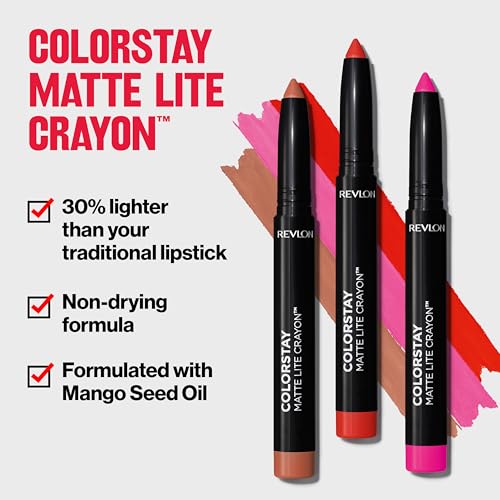 REVLON ColorStay Matte Lite Crayon Lipstick with Built-in Sharpener, Longlasting Non-Drying Matte Formula, Transfer-Proof Lipcolor - Charming Charlie