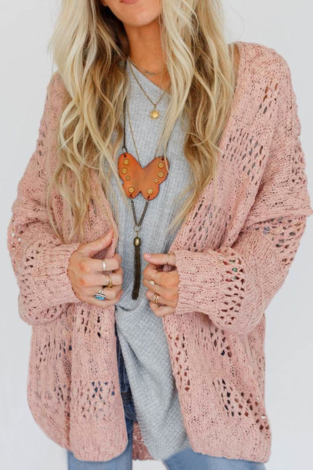 Openwork Open Front Long Sleeve Cardigan - Charming Charlie