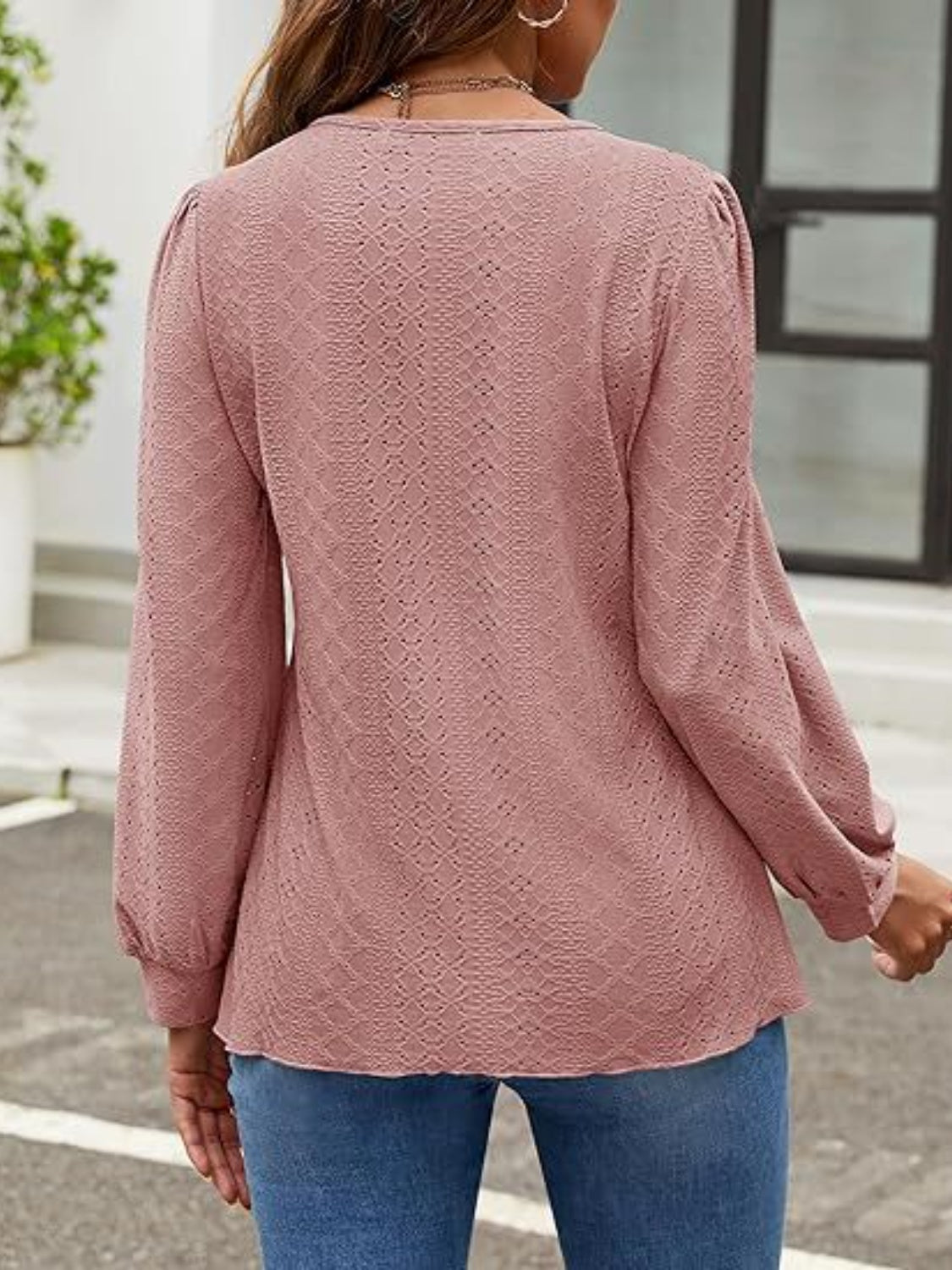 Eyelet Round Neck Long Sleeve Top - Charming Charlie