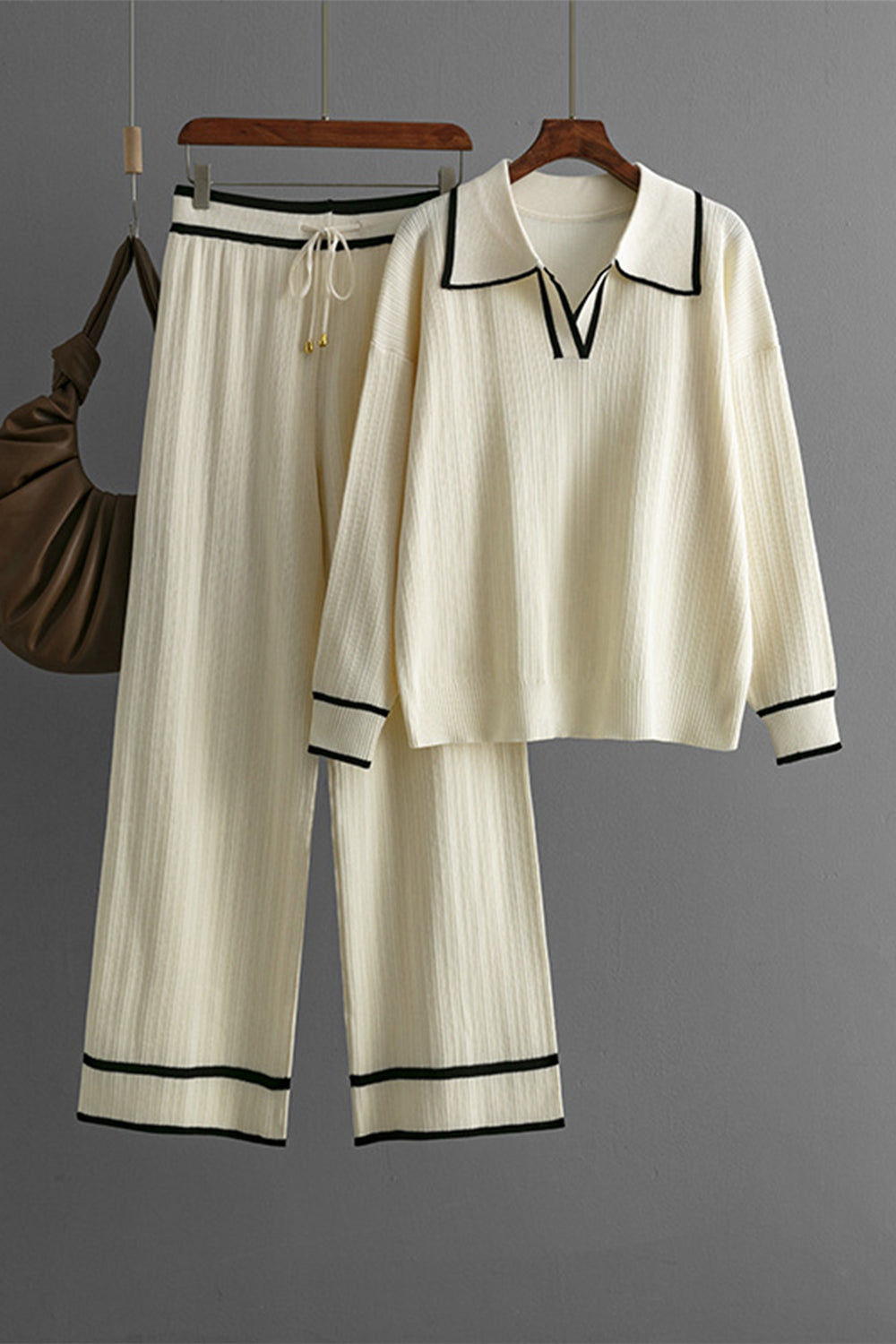 Contrast Trim Johnny Collar Top and Drawstring Pants Sweater Set - Charming Charlie