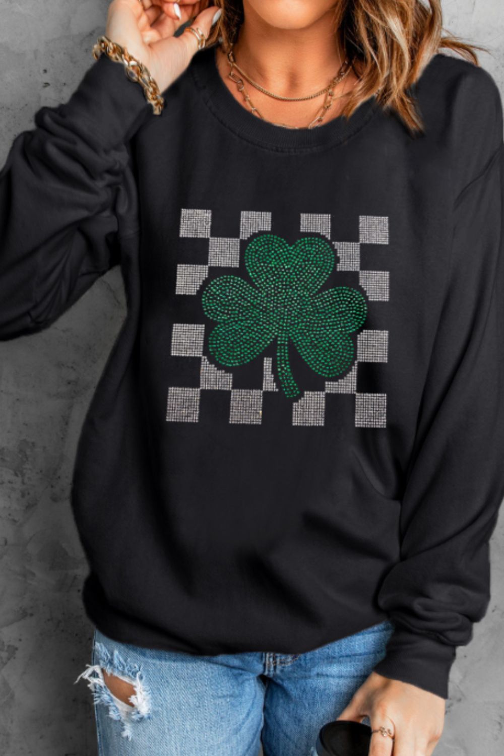 Rhinestone Checkered Lucky Clover Round Neck Sweatshirt - Charming Charlie