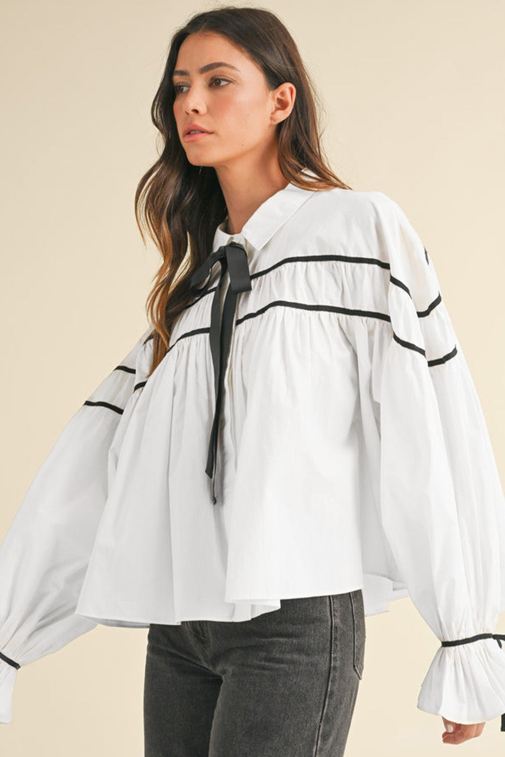 Ribbon Bowtie Collared Neck Flounce Sleeve Shirt - Charming Charlie