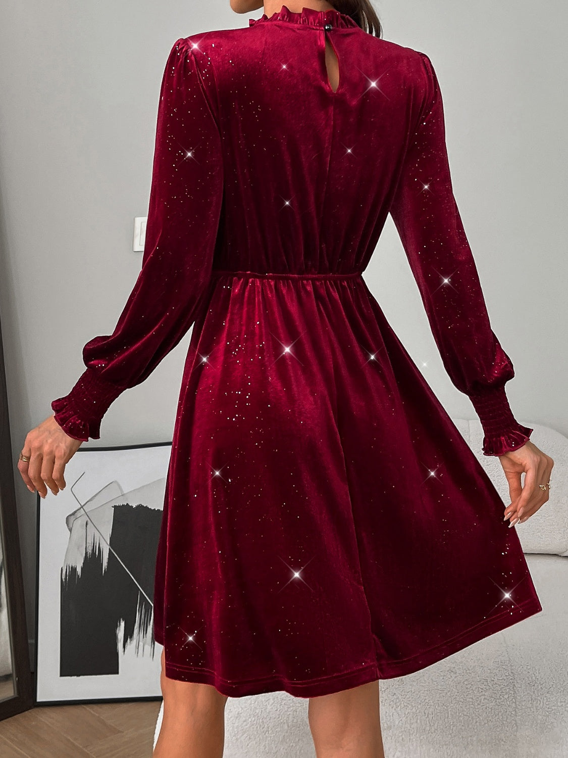 Glitter Mock Neck Long Sleeve Mini Dress - Charming Charlie
