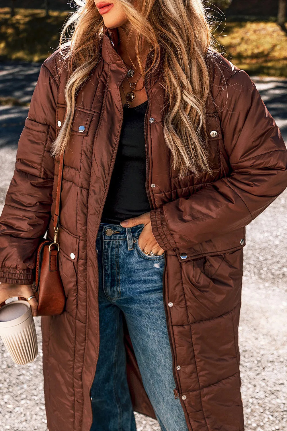 Pocketed Bubble Texture Long Sleeve Longline Winter Coat - Charming Charlie