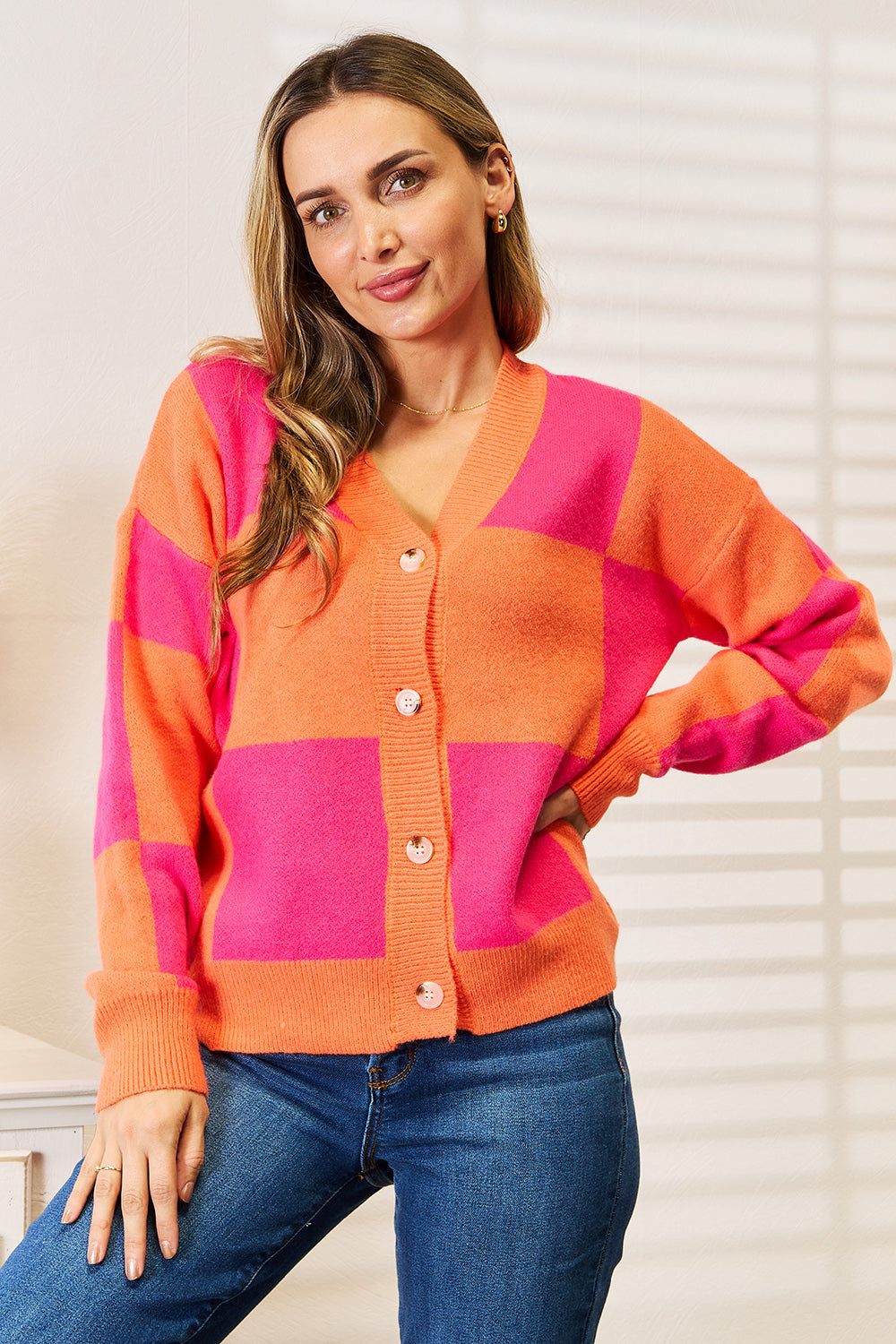 Angel Wings Woven Right Checkered V-Neck Dropped Shoulder Cardigan - Charming Charlie