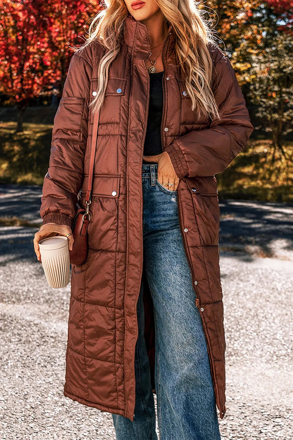 Pocketed Bubble Texture Long Sleeve Longline Winter Coat - Charming Charlie