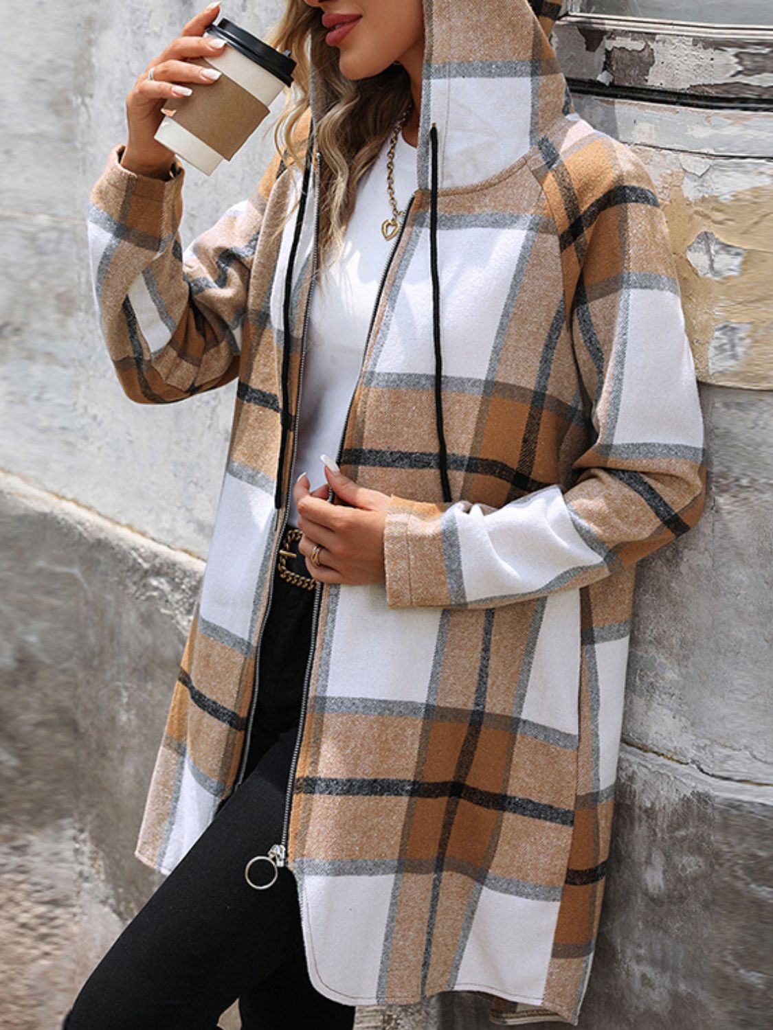 Drawstring Plaid Zip Up Long Sleeve Hooded Outerwear - Charming Charlie