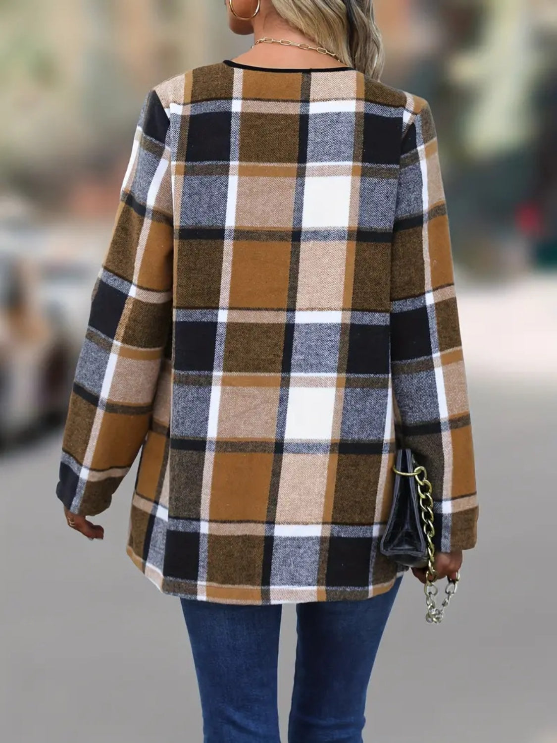 Plaid Open Front Long Sleeve Jacket - Charming Charlie