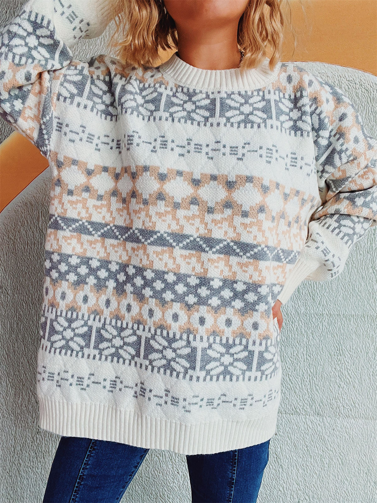 Geometric Round Neck Dropped Shoulder Sweater - Charming Charlie