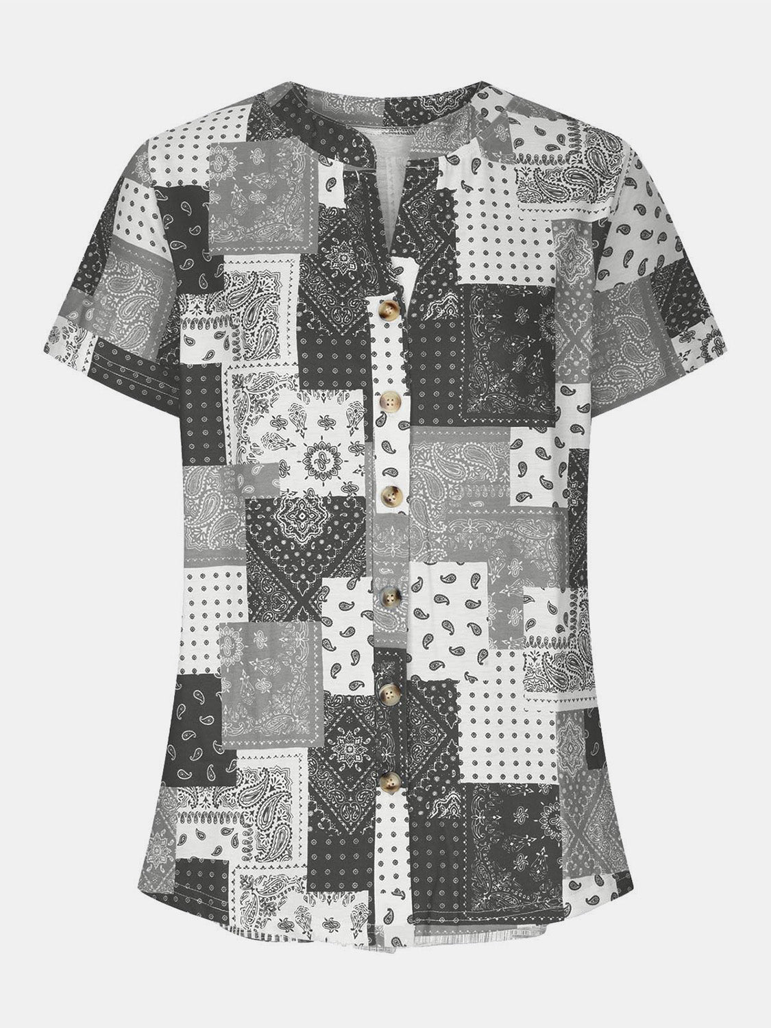 Printed Notched Short Sleeve Blouse - Charming Charlie