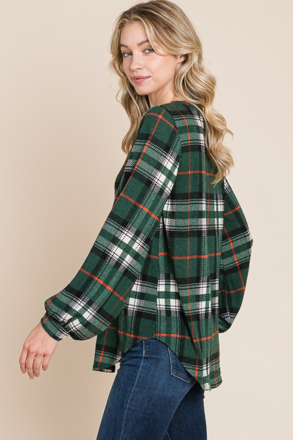 BOMBOM Curved Hem Plaid Round Neck Long Sleeve Top - Charming Charlie
