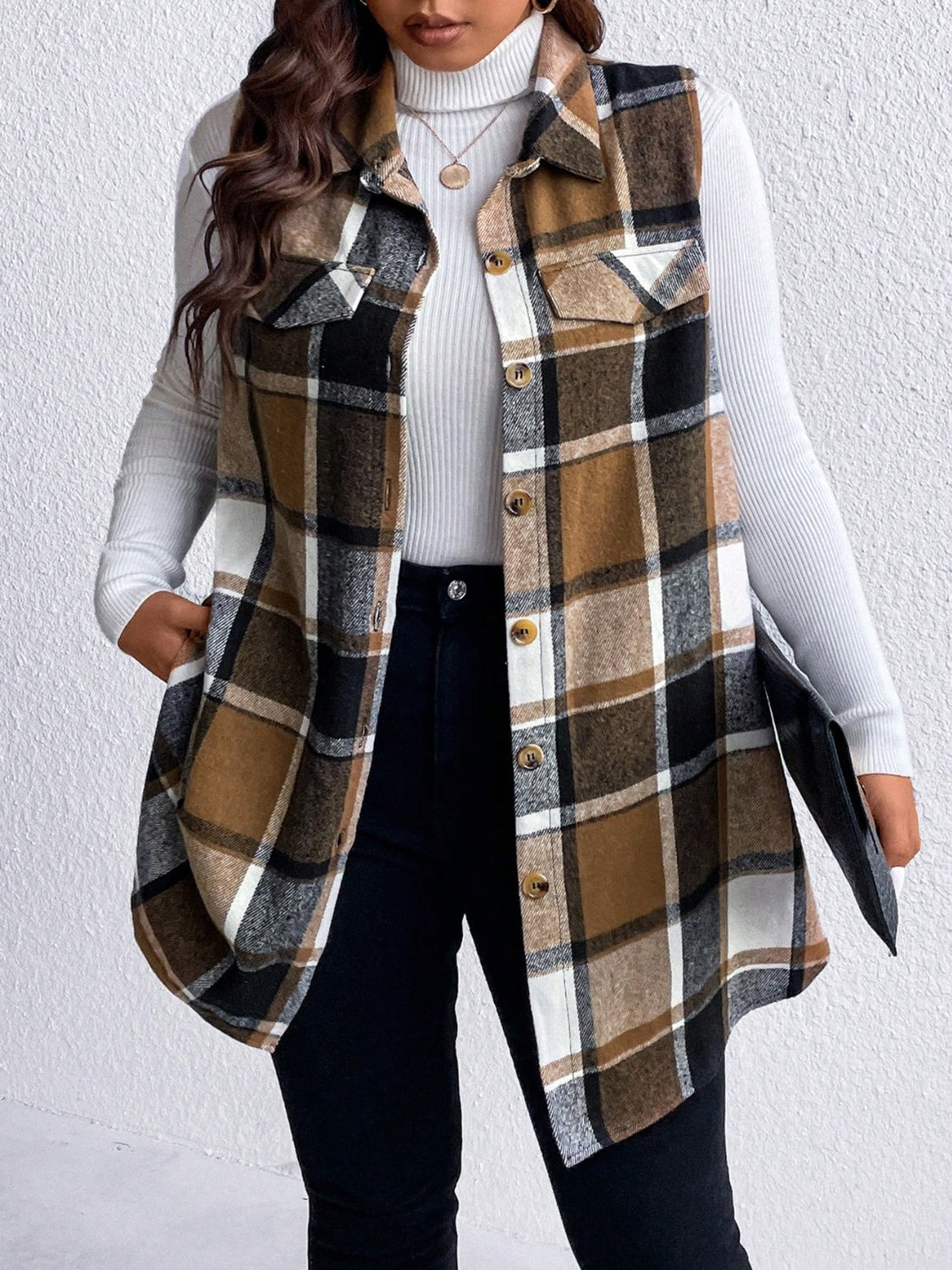 Honey Plus Size Pocketed Plaid Button Up Vest Coat - Charming Charlie