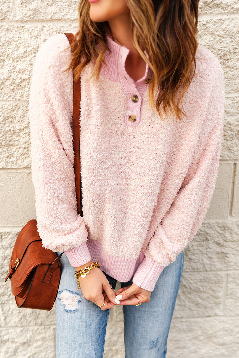 Button Detail Mock Neck Long Sleeve Sweater - Charming Charlie
