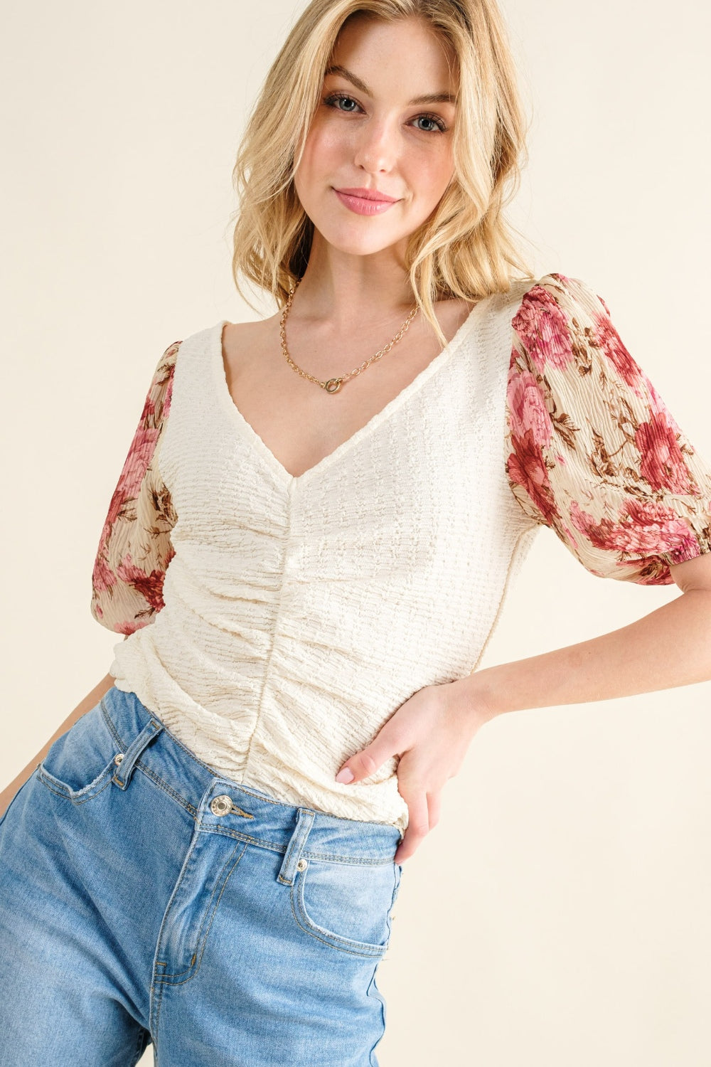 And The Why Full Size Floral Print Textured Sleeve Knit Top - Charming Charlie