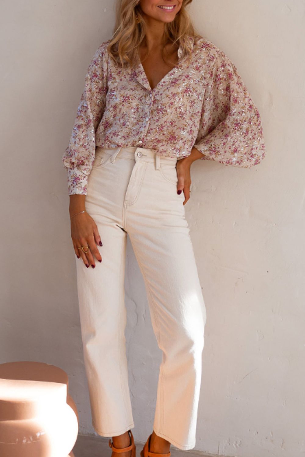Printed Collared Neck Long Sleeve Shirt - Charming Charlie