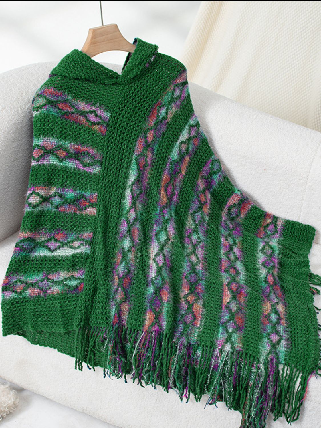 Fringe Contrast Hooded Poncho - Charming Charlie