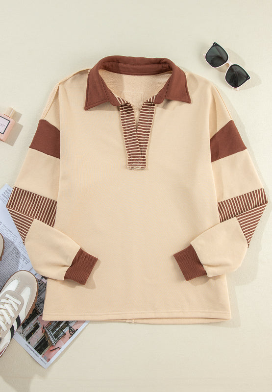Color Block Johnny Collar Long Sleeve Sweatshirt - Charming Charlie