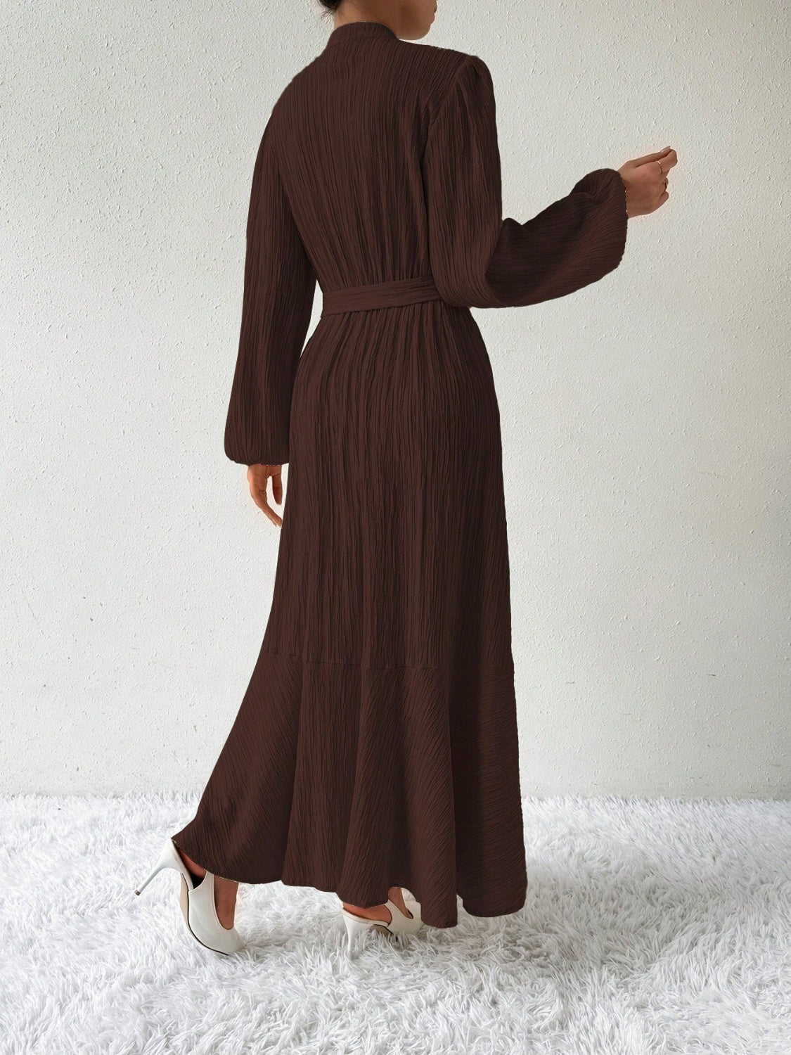 Half Button Tie Waist Long Sleeve Maxi Dress - Charming Charlie