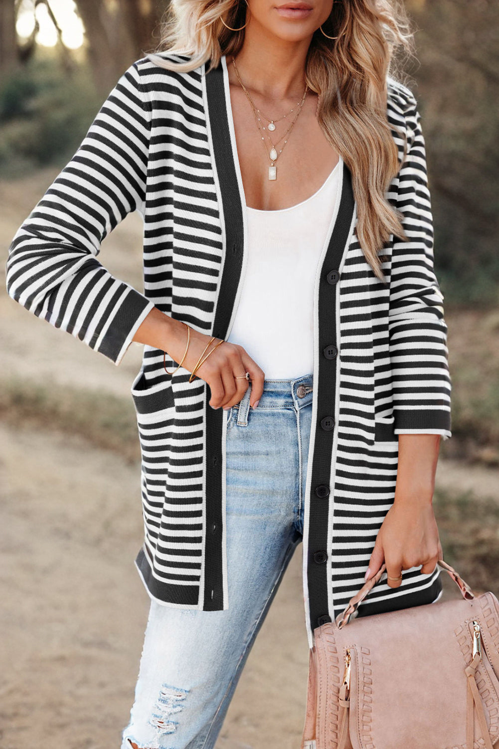 Striped Open Front Long Sleeve Cardigan - Charming Charlie