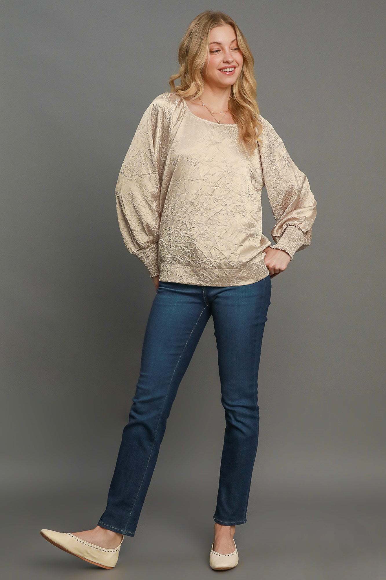 Umgee Wrinkled Round Neck Lantern Sleeve Blouse - Charming Charlie