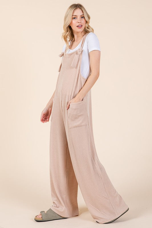 BOMBOM Knot Straps Wide Leg Ribbed Overalls with Pockets - Charming Charlie