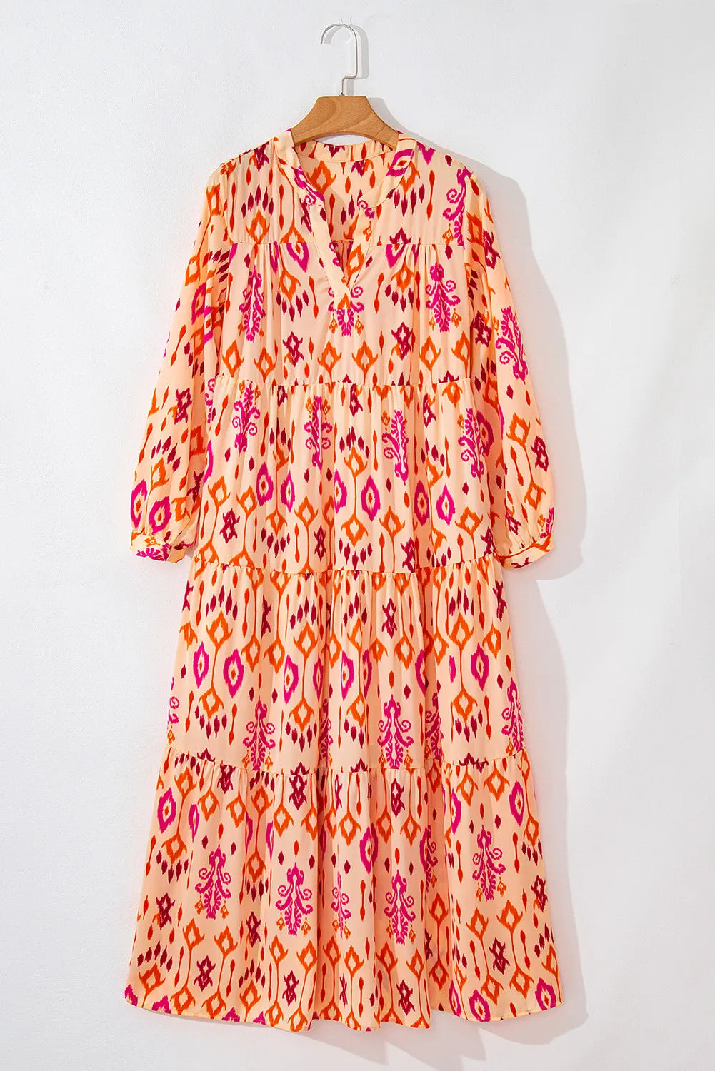 Tiered Printed Notched Long Sleeve Midi Dress - Charming Charlie