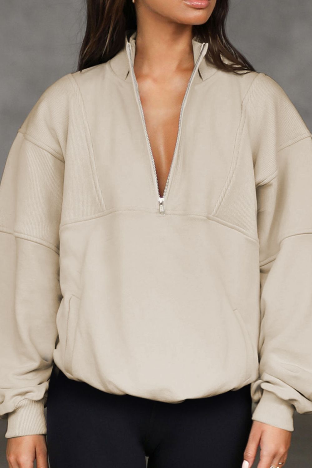 Half Zip Drop Shoulder Long Sleeve Sweatshirt - Charming Charlie