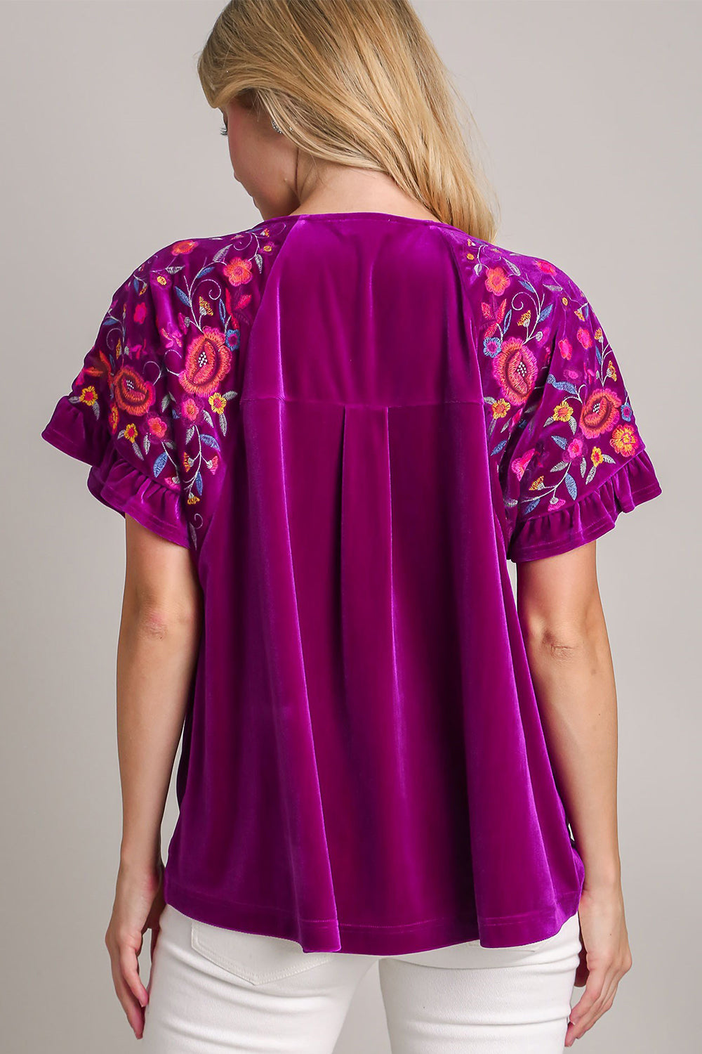 Umgee Full Size Velvet Embroidery Short Sleeve Blouse - Charming Charlie