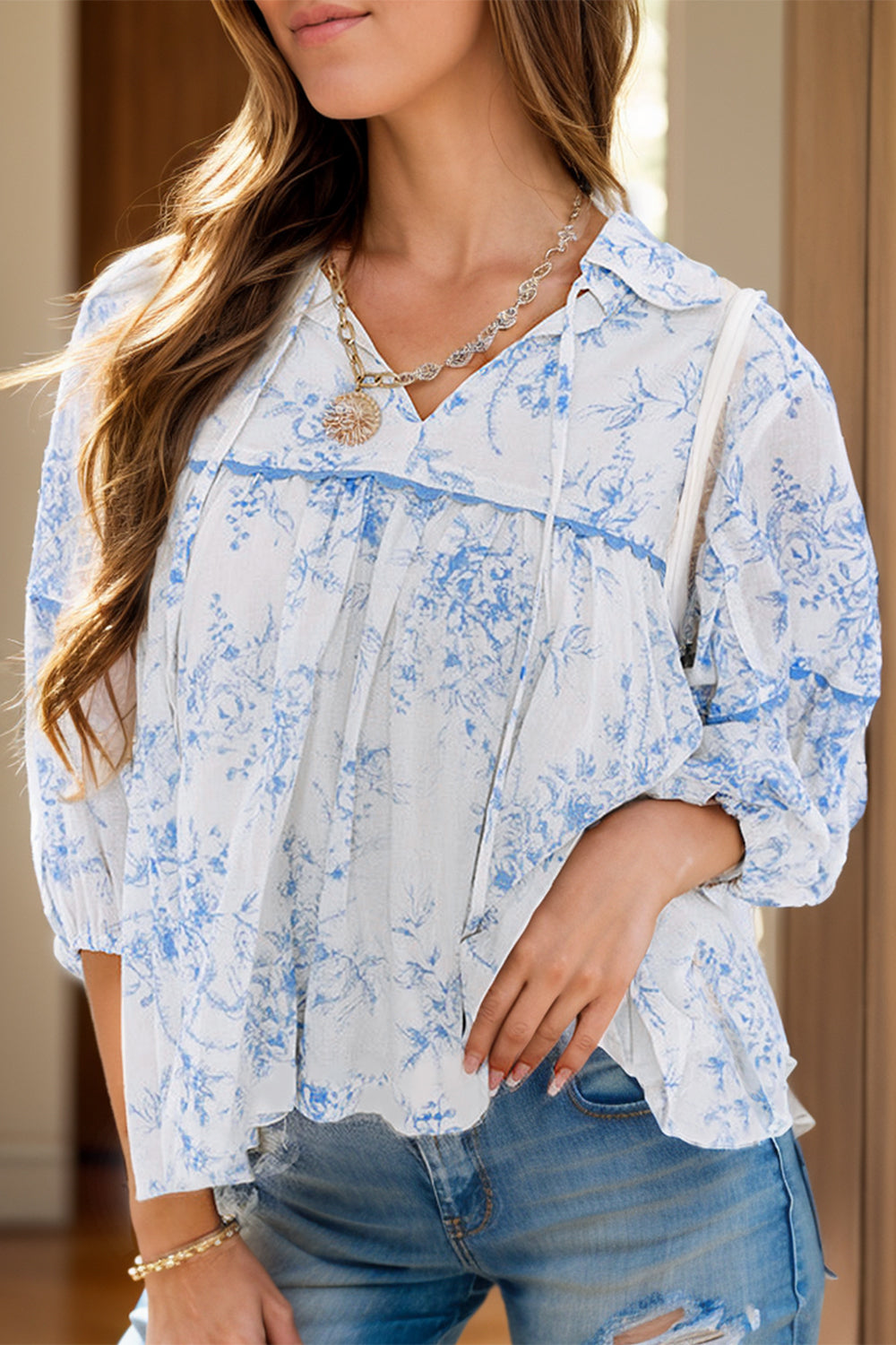 Printed Tie Neck Three-Quarter Sleeve Blouse - Charming Charlie