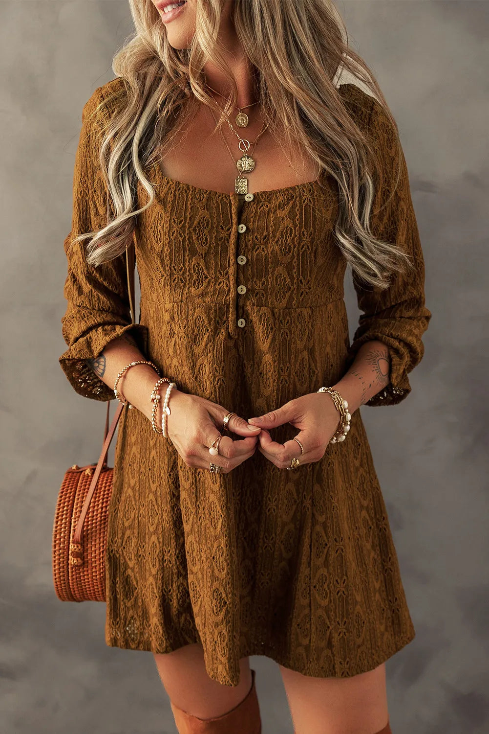 Textured Square Neck Mini Dress - Charming Charlie