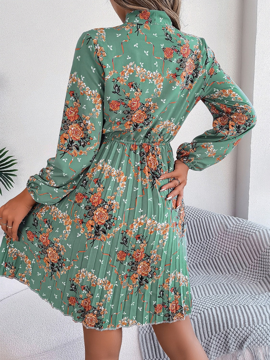 Pleated Printed Tie Neck Long Sleeve Dress - Charming Charlie