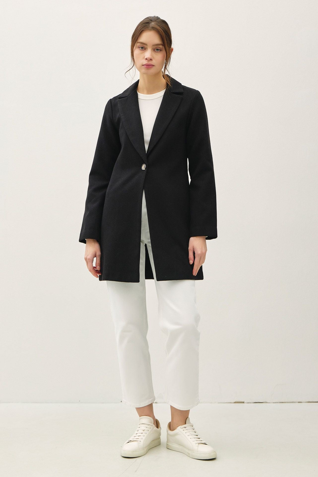 Be Cool Single Button Long Sleeve Coat with Pockets - Charming Charlie