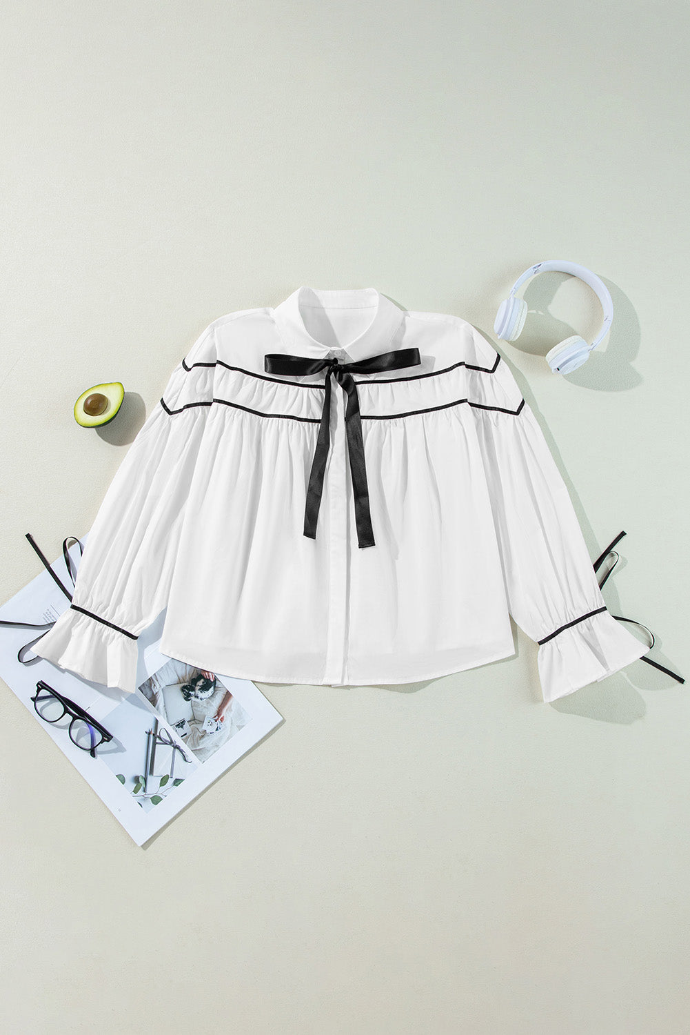 Ribbon Bowtie Collared Neck Flounce Sleeve Shirt - Charming Charlie