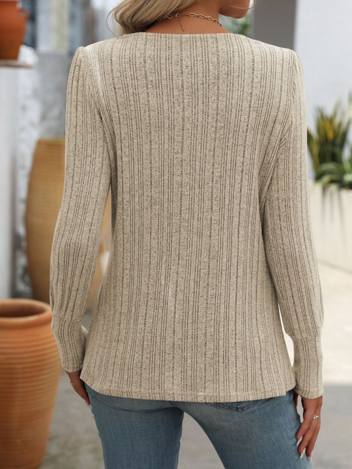 Decorative Button Striped Square Neck Long Sleeve T-Shirt - Charming Charlie